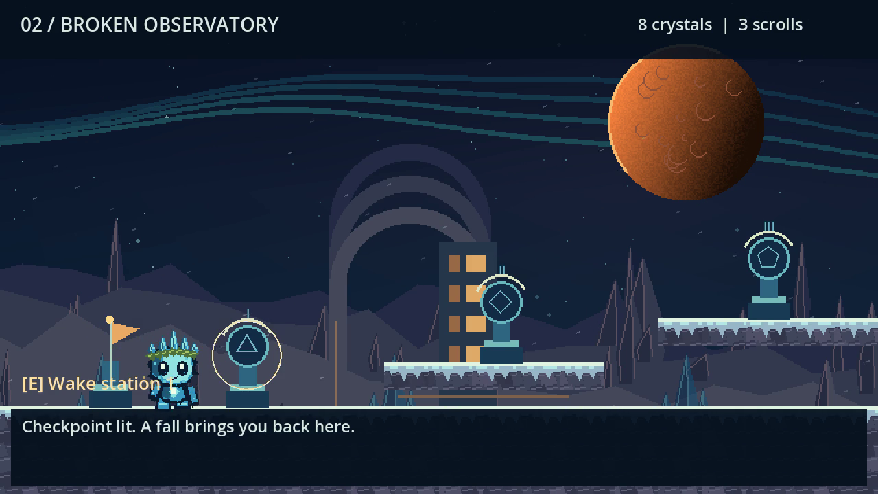Frostie exploring a pixel-art observatory with interactive relay stations