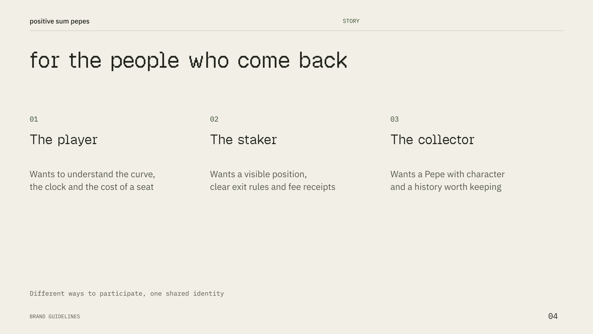 Positive Sum Pepes brand guidelines, page 4.