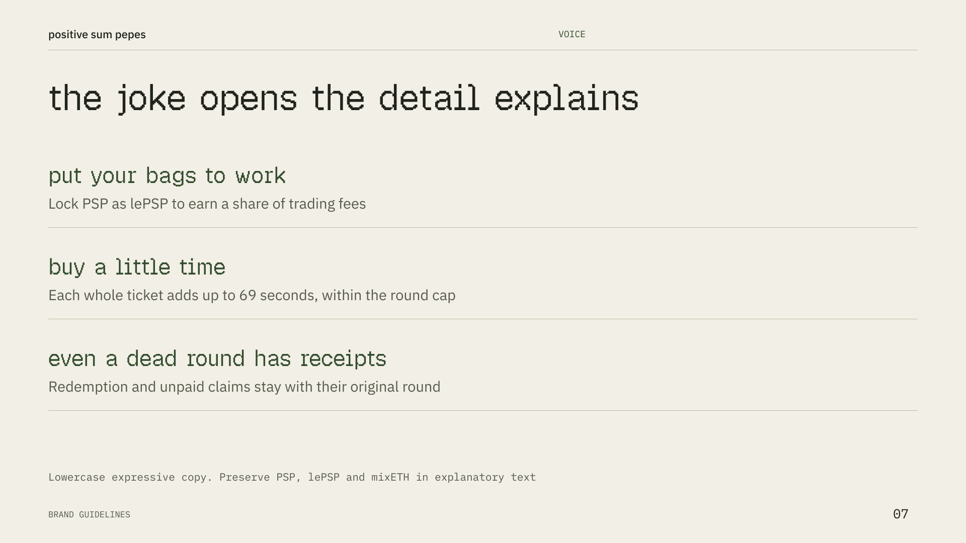 Voice guidelines pair expressive headlines with exact explanations.