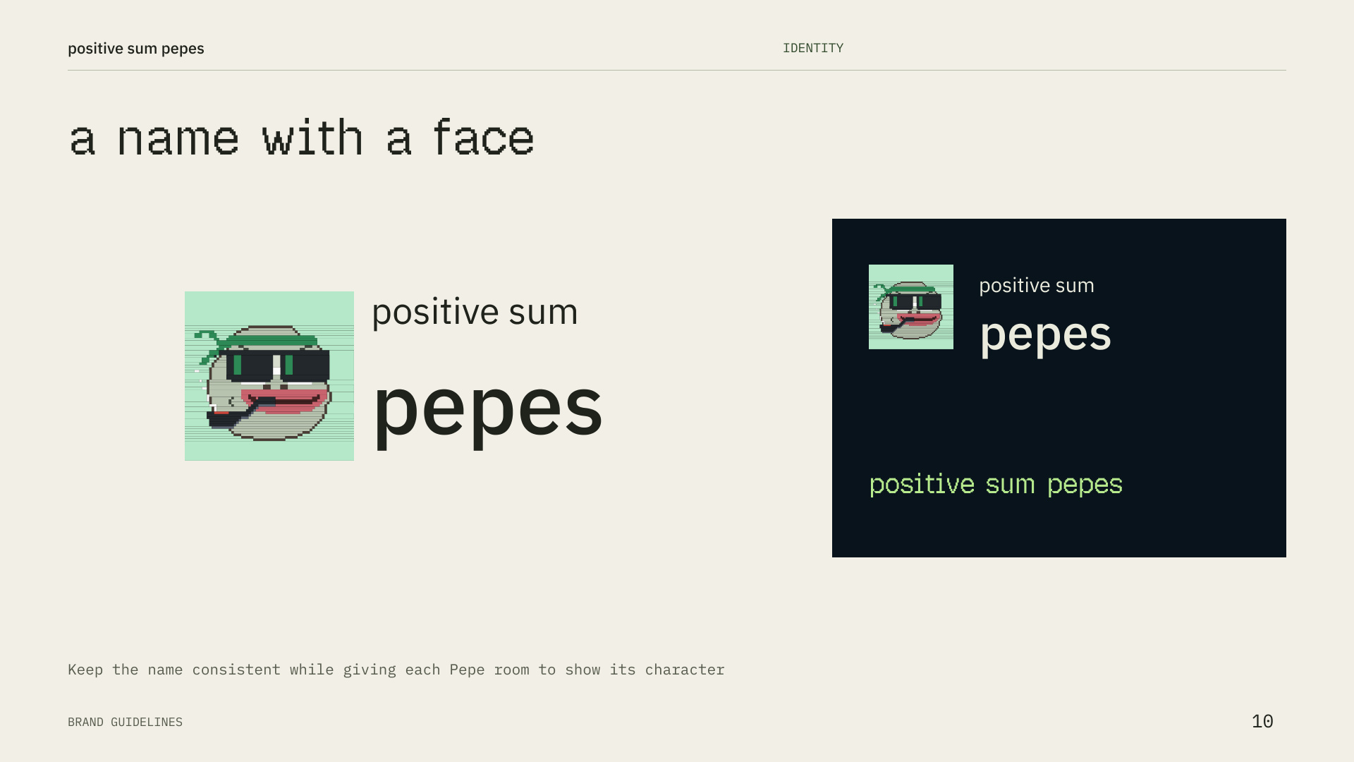 Positive Sum Pepes brand guidelines, page 10.