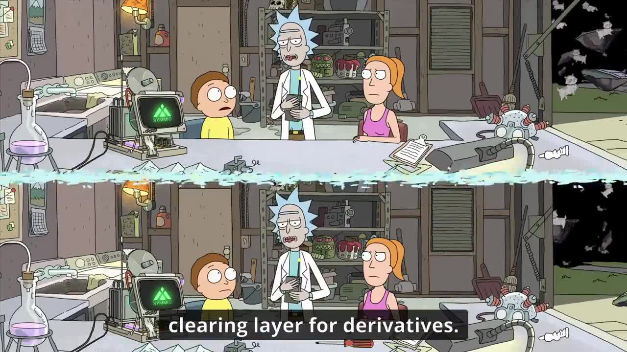 Rick, Morty and Summer in a laboratory with Symmio branding on a monitor